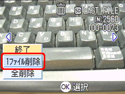 [▲] または [▼] ボタンを押し、[1ファイル削除] を選択します