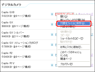 入手したい製品カタログの [PDFダウンロード] を右クリックし、[対象をファイルに保存] をクリックしてダウンロードしてください