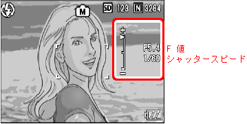 画面に現在の「F 値」とシャッタースピードがインジケーターと共に表示されます