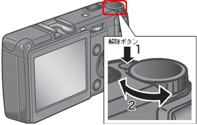 解除ボタンを押しながら、モードダイヤルを [撮影モード] [プログラムモード] [絞り優先モード] [マニュアル露光モード] のいずれかに合わせます