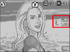 画面右側に現在の絞り値（ F 値）とシャッタースピードの組み合わせが表示されます