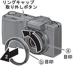 リングキャップ取外しボタンを押しながら、リングキャップを反時計回りに回し、カメラ本体から取り外します