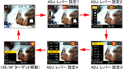 ADJ.レバーを左右にたおすか、＜＞ボタンを押して設定したい項目を選びます