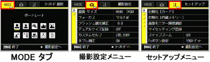 シーンモードで撮影設定メニューやセットアップメニューの設定を変更するには、撮影モードで MENU ボタンを押し（上記手順 2 ）、その後ADJ./OK ボタンを▲側に 1 回、または 2 回押して「MODE」タブを選択してください。その後、右側に 1 回押すと撮影設定メニュー、2 回押すとセットアップメニューが表示されます。ここで設定を変更できます