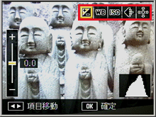 撮影モードで ADJ./OK ボタンを押すと、ADJ. モードに設定してある機能が表示されます