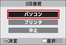 カメラのモニターに USB 接続画面が表示されます