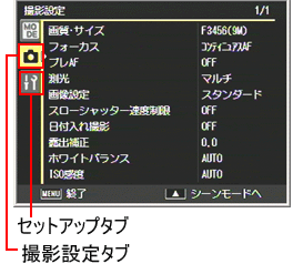 ADJ./OK ボタンを▼側に１回押すと撮影設定メニュー、2回押すとセットアップメニューが表示されます