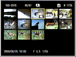 ズームレバーを左（サムネイル表示）側に回していくと、画像ファイルの一覧が表示されます