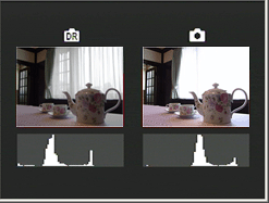 ダイナミックレンジ拡大画像（左）と通常画像（右）を並べた、確認画面が表示されます
