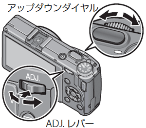 アップダウンダイヤルで絞り値を、ADJ. レバーでシャッタースピードを変更します