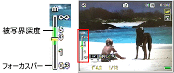 ［MF］、［スナップ］、［∞］を選択した場合は、撮影モードによって被写界深度とフォーカスバーが表示されます