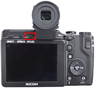 カメラ本体の VF/LCD ボタンを押すと、LCD 表示が液晶ビューファインダー表示に切り替わります。もう一度押すと LCD 表示に戻ります