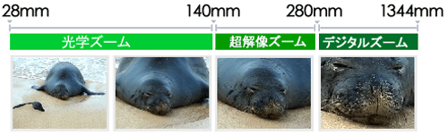 超解像ズームとは、超解像の技術を 140mm～280mm のズーム域に適用し、デジタルズームよりも画像の劣化を抑えての撮影が行なえます