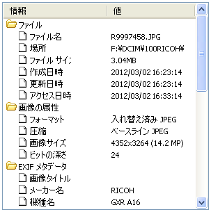 イメージ情報の内容が表示されます