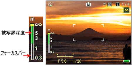 ［MF］、［スナップ］、［∞］を選択した場合は、撮影モードによって被写界深度とフォーカスバーが表示されます