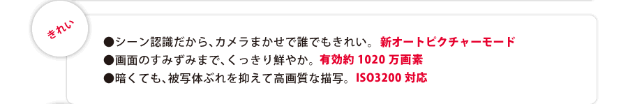 『きれい』　●シーン認識だから、カメラまかせで誰でもきれい。新オートピクチャーモード。　●画面のすみずみまで、くっきり鮮やか。有効約1020万画素。　●暗くても、被写体ぶれを抑えて高画質な描写。ISO3200対応。