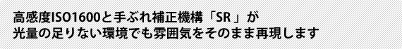 高感度ISO1600と手ぶれ補正機構「SR 」が光量の足りない環境でも雰囲気をそのまま再現します