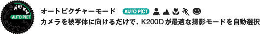 オートピクチャーモード：カメラを被写体に向けるだけで、K200Dが最適な撮影モードを自動選択