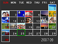 撮影年月日別に画像が表示できる、カレンダー表示。