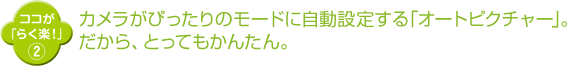 カメラがぴったりのモードに自動設定する「オートピクチャー」。 だから、とってもかんたん。ー