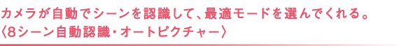 カメラが自動でシーンを認識して、最適モードを選んでくれる。 〈8シーン自動認識・オートピクチャー〉 