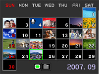 撮影年月日別に画像が表示できる、カレンダー表示。