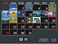 撮影年月日別に画像が表示できる、カレンダー表示。