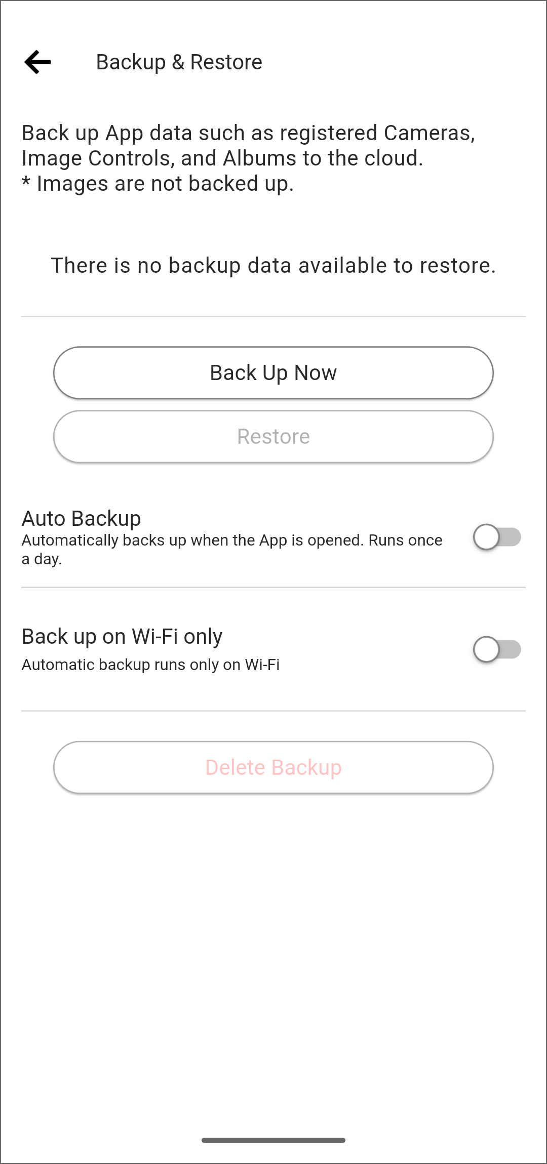 Backup & Restore screen (before backup)