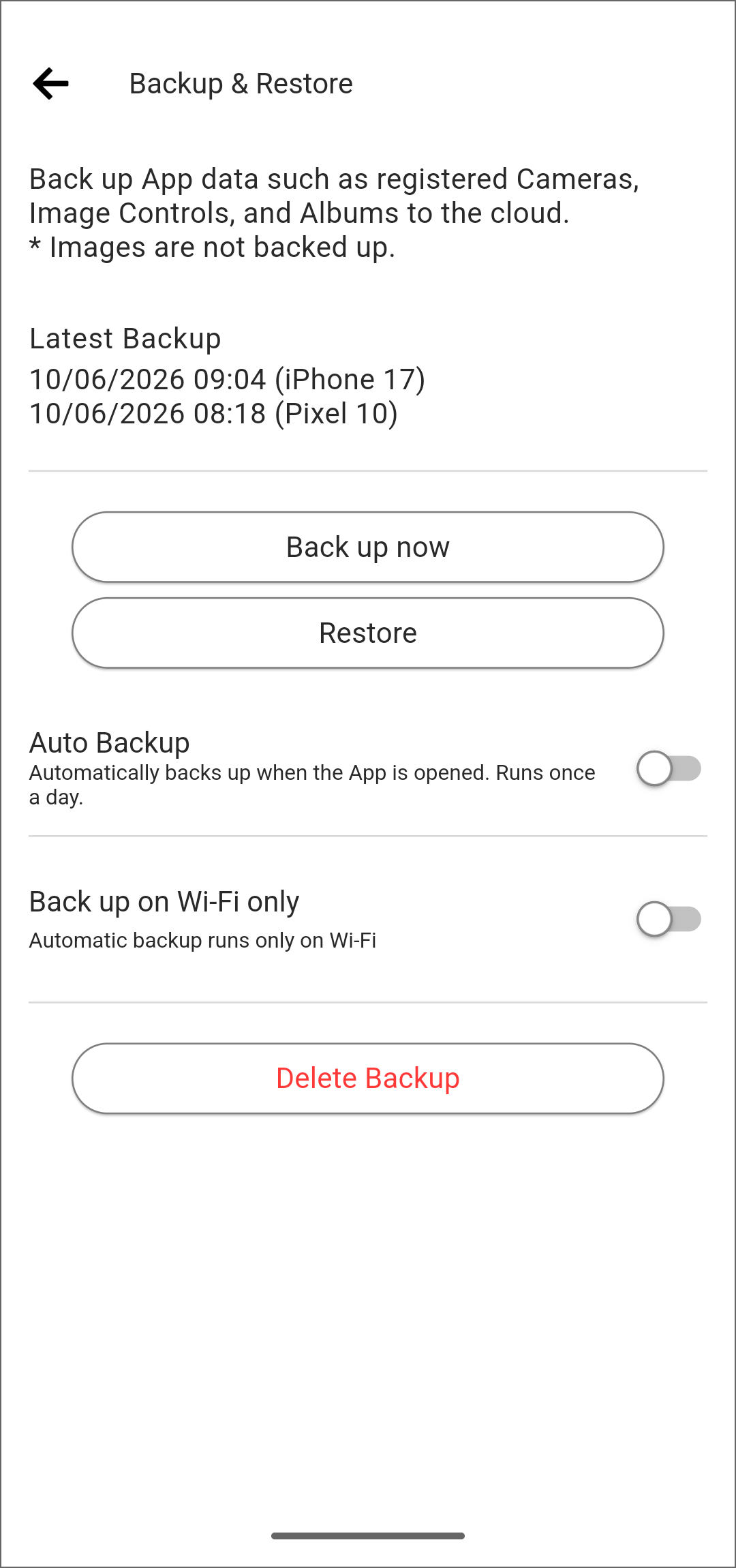 Backup & Restore screen (after backup)