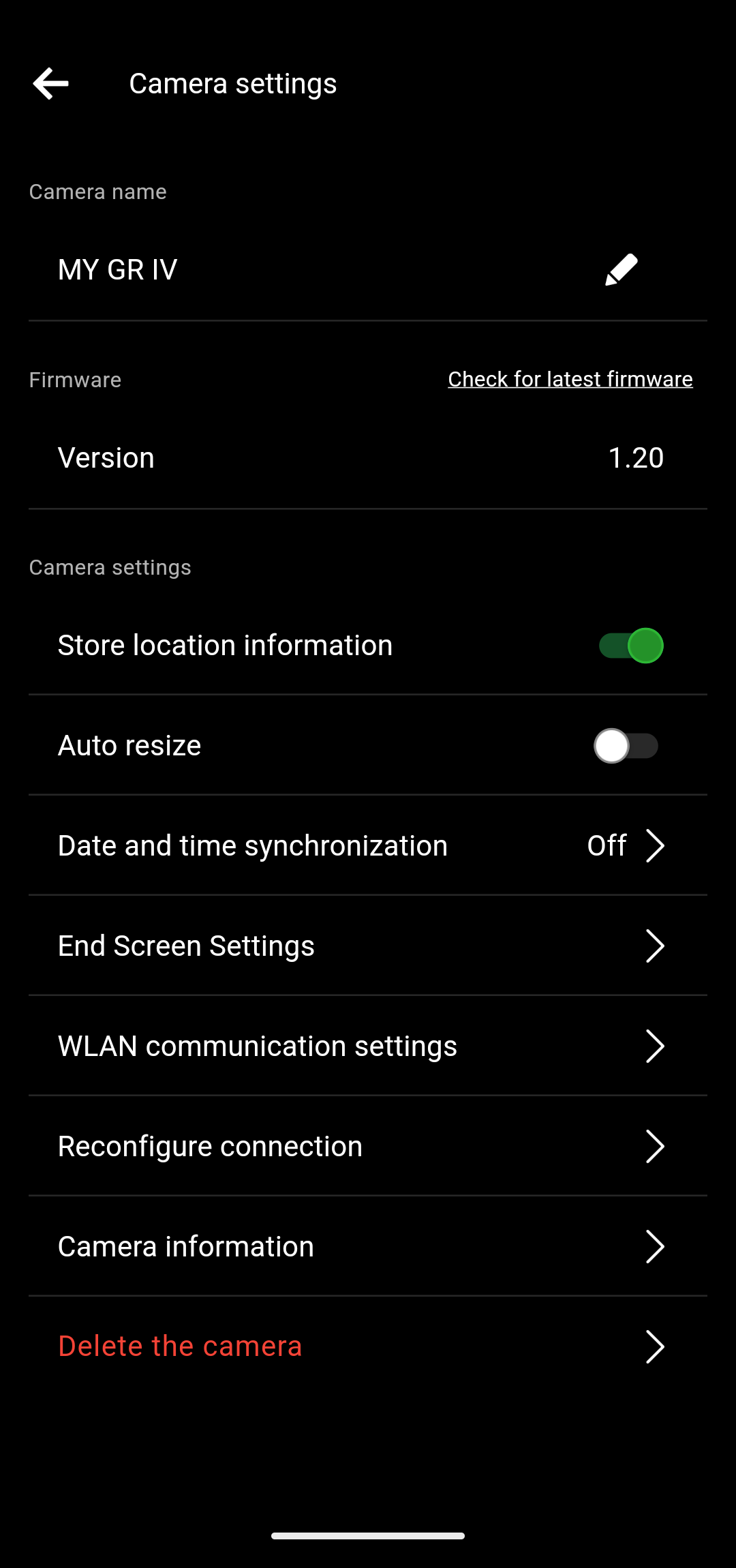 Camera settings screen (after logging in with a RICOH GR ID)