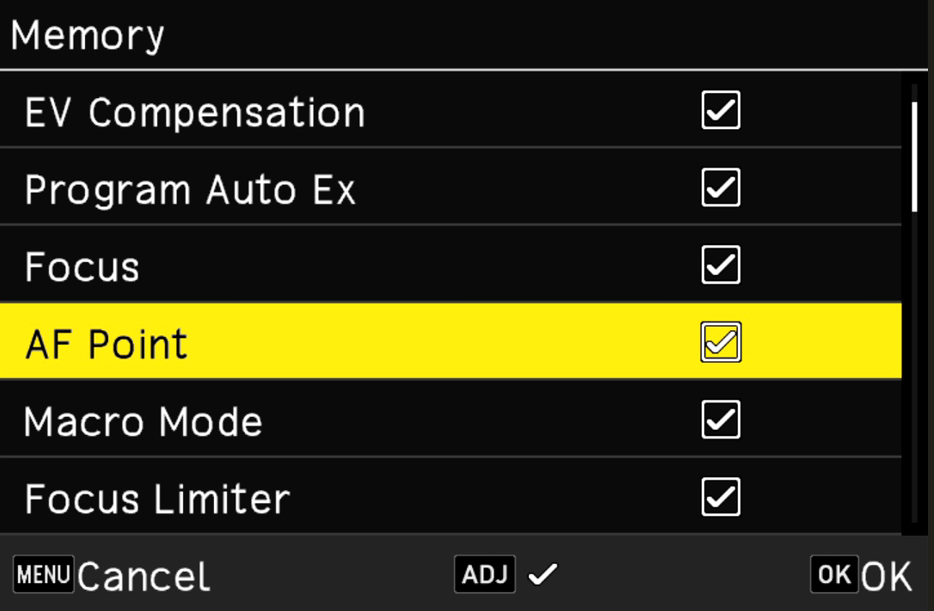 AF Point option in Mode Memory settings screen