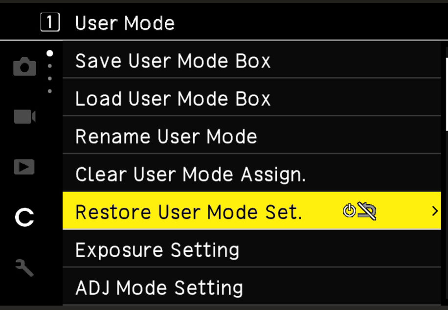 Restore USER Mode Settings option screen