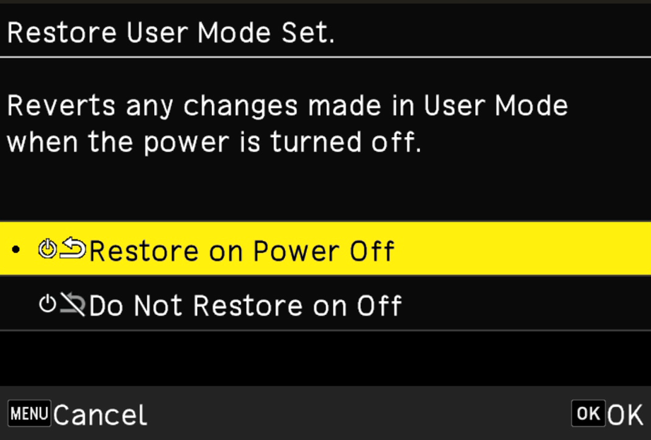 Restore at Power Off selection screen