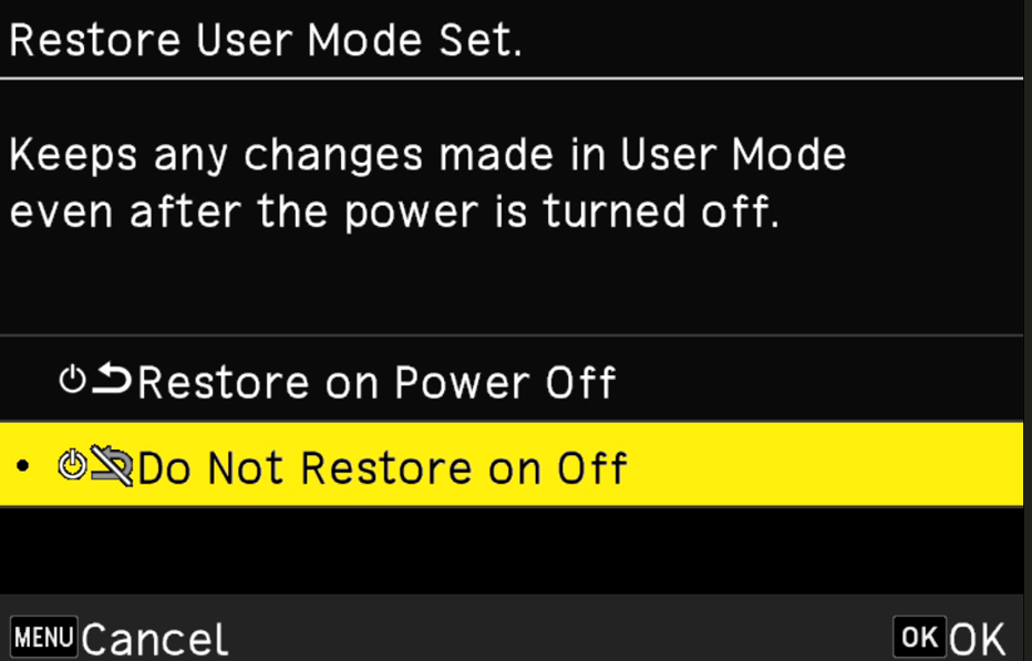 Do Not Restore at Power Off selection screen