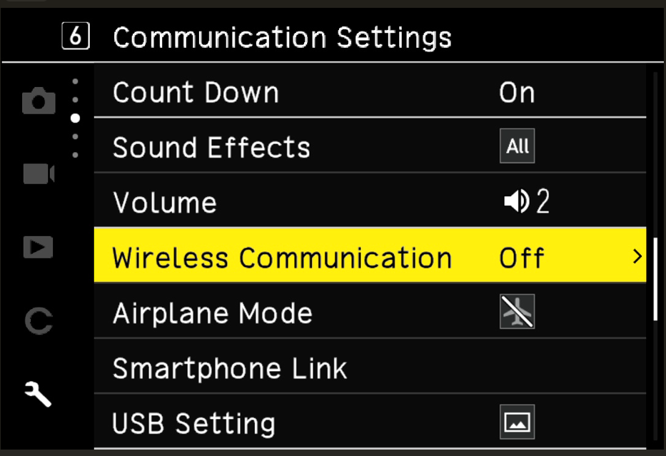 Wireless Communication Settings screen