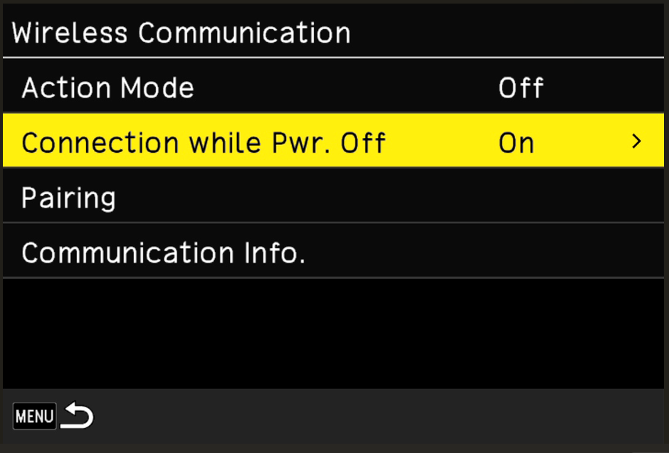 Connection While Power Off set to On screen